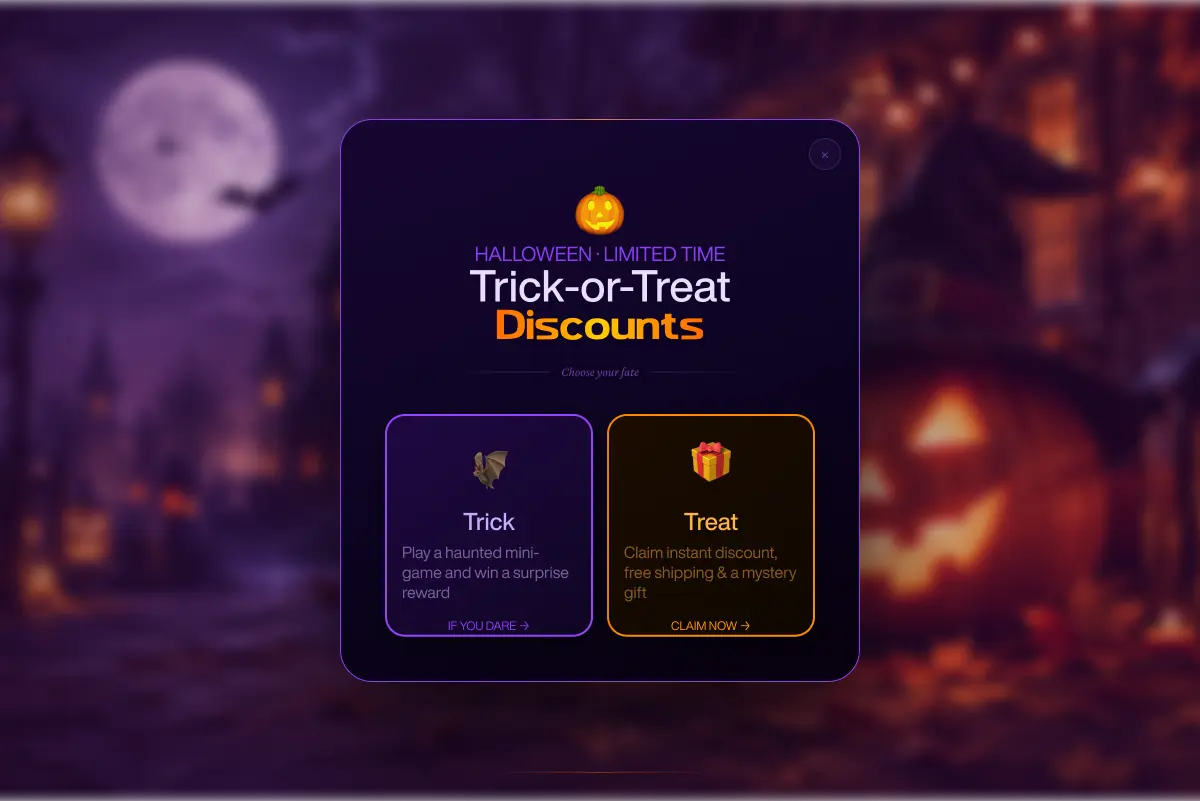 "Trick or Treat Discounts" popup letting shoppers choose between a "Trick" option to play a mini game for a surprise reward or a "Treat" option to instantly claim a discount, free shipping, and mystery gift.