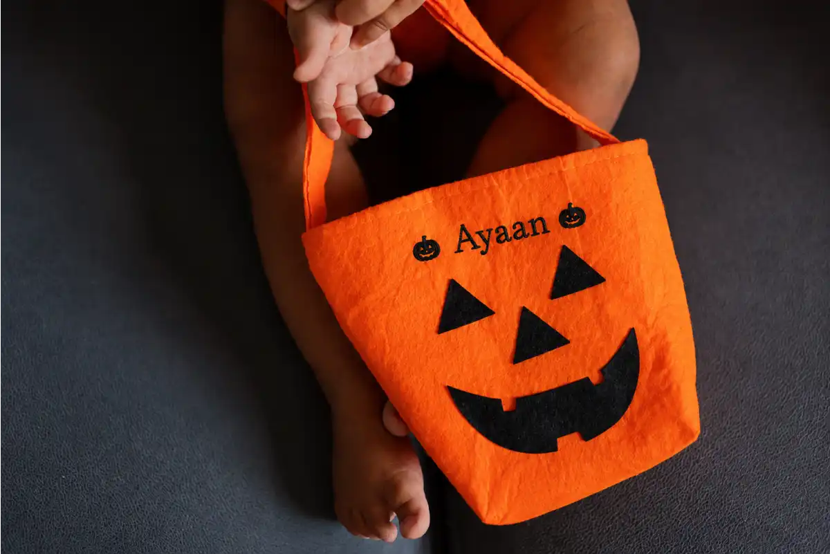 Custom trick-or-treat tote with a child’s name for Halloween