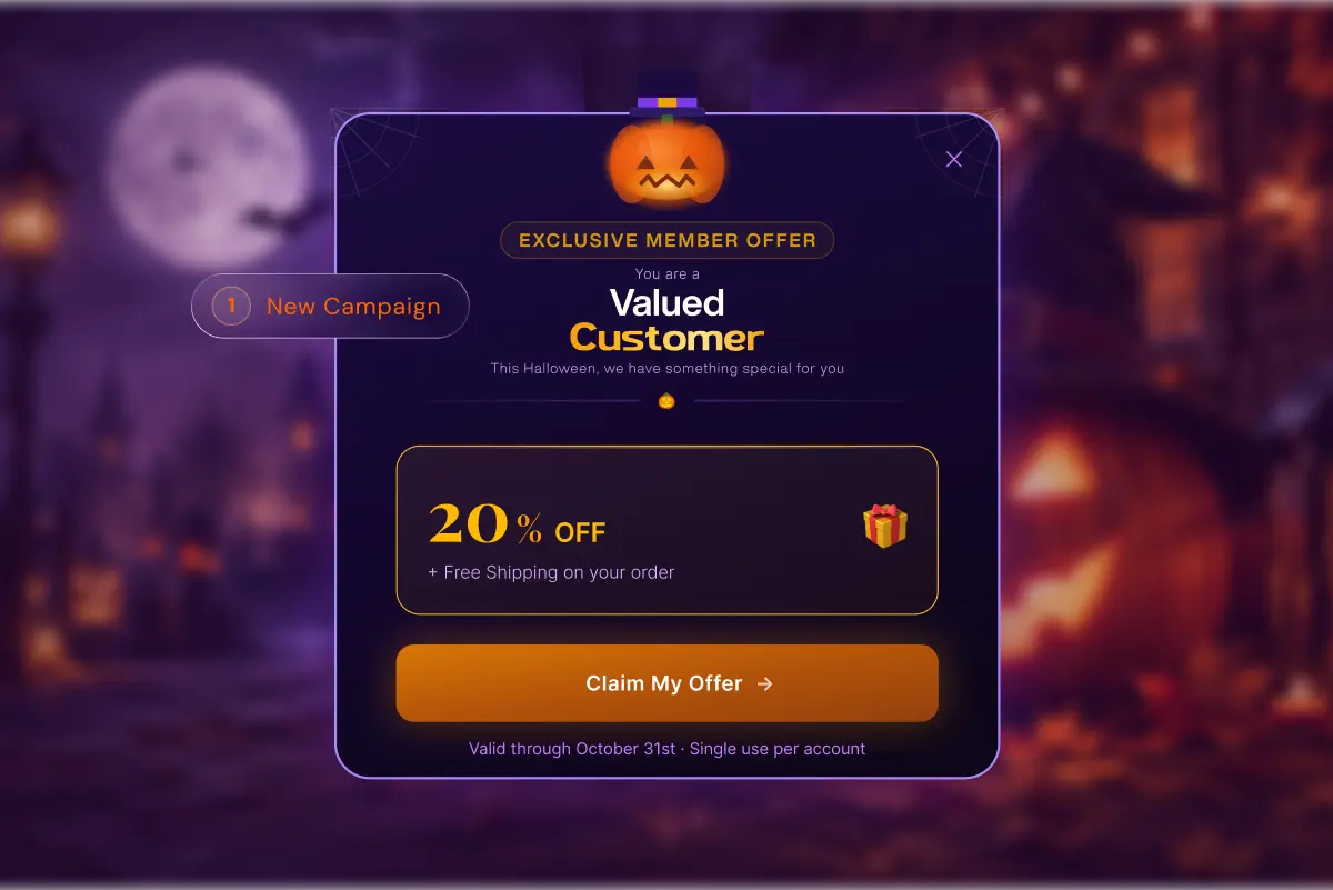 Halloween themed email campaign popup offering a 20% off and free shipping exclusive member discount with a "Claim My Offer" button, valid through October 31st.