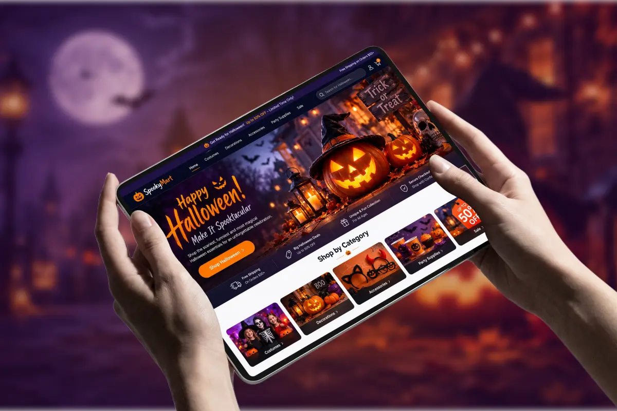 Hands holding a tablet showing a Halloween themed online store homepage with a "Happy Halloween" banner, glowing jack o lanterns, and Shop by Category options for costumes, decorations, accessories, and party supplies.