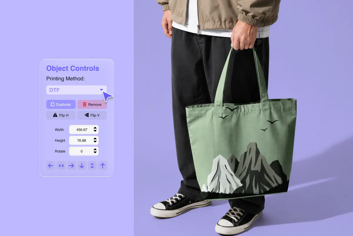 Person carrying a sage-green tote bag printed with a mountain-and-birds design. Left panel shows an "Object Controls" editor with printing method (DTF), duplicate/remove/flip options, and width/height/rotate fields