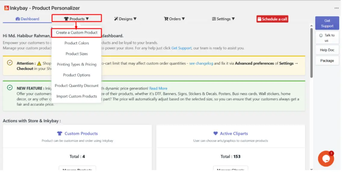 InkyBay Product Personalizer dashboard with the "Products" menu open, highlighting "Create a Custom Product," alongside stats showing 4 custom products and 153 active cliparts
