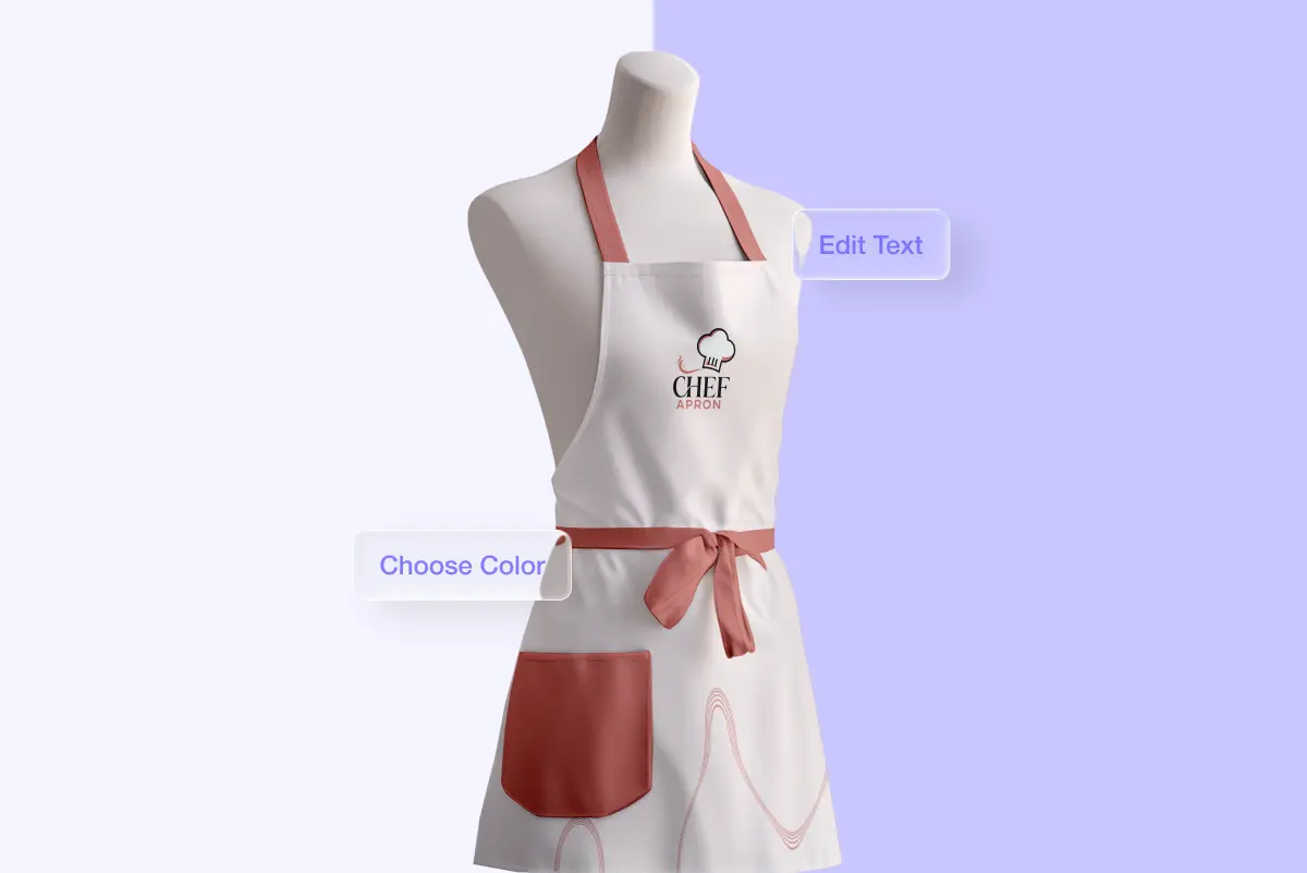 White apron with terracotta straps and pocket on a mannequin, printed with a "Chef Apron" logo and chef's hat icon. "Edit Text" and "Choose Color" buttons appear beside the design