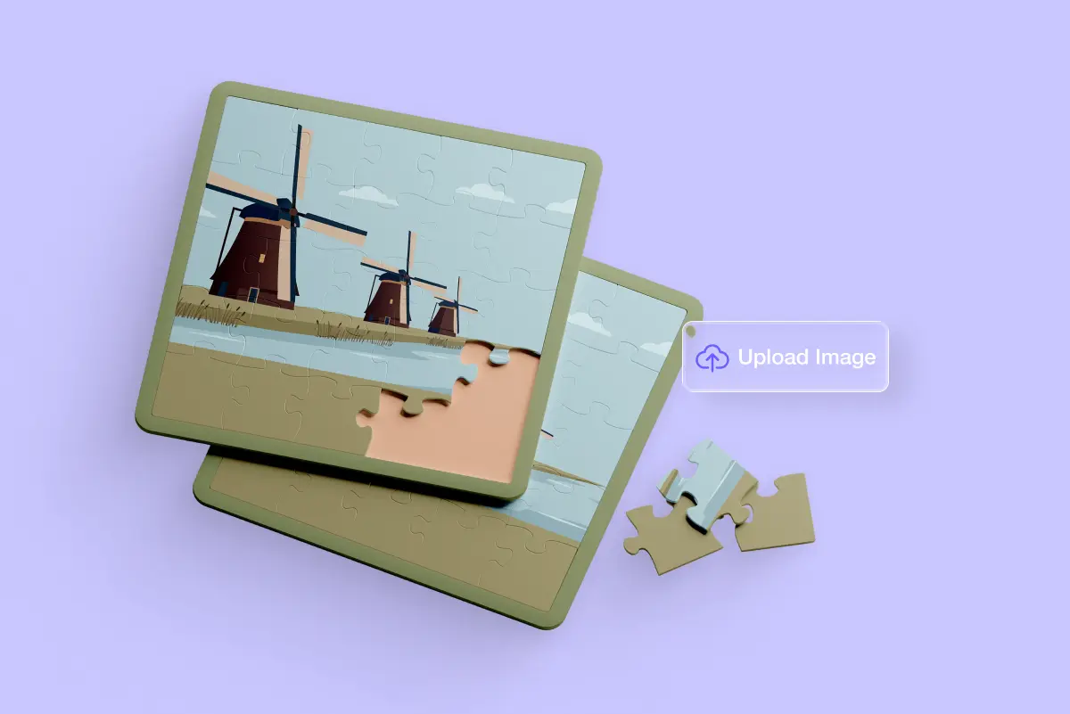Custom jigsaw puzzle featuring an illustrated windmill landscape, partially completed with some pieces removed and scattered nearby. An "Upload Image" button appears beside the puzzle