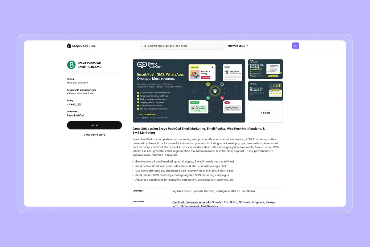 Shopify App Store listing for "Brevo PushOwl: Email, Push, SMS," showing 4.8 rating, Install button, "Email. Push. SMS. WhatsApp." banner, and a bulleted feature list.