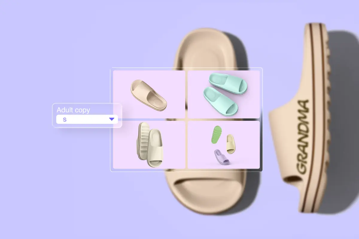 Beige foam slides with "GRANDMA" text embossed on the sole side, shown top and side views. Overlaid style thumbnails (beige, mint, cream, patterned) and an "Adult copy" size-S dropdown appear on the left
