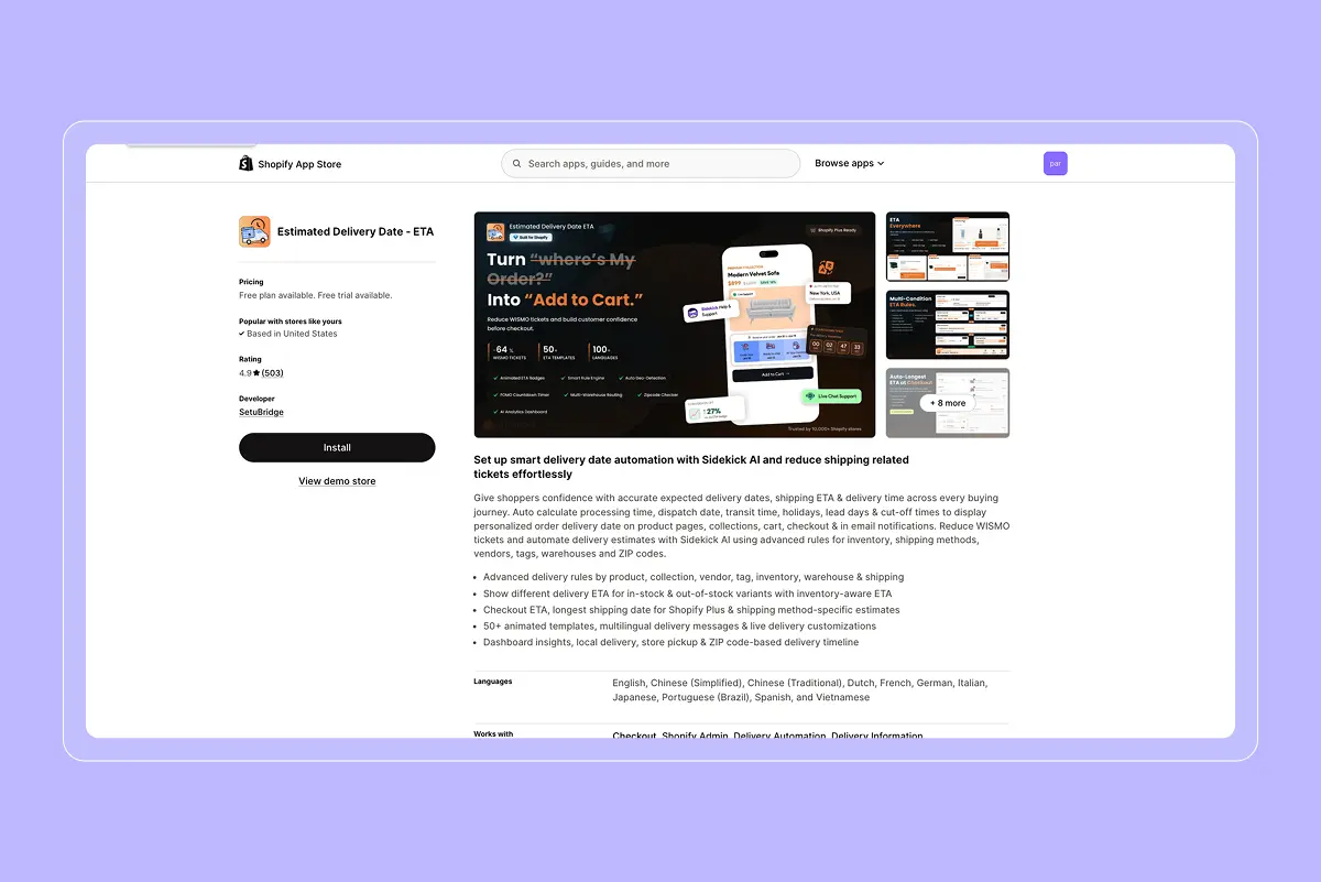 Shopify App Store listing for "Estimated Delivery Date - ETA" by SetuBridge, showing 4.9 rating, Install button, "Add to Cart" banner, and a bulleted feature list.