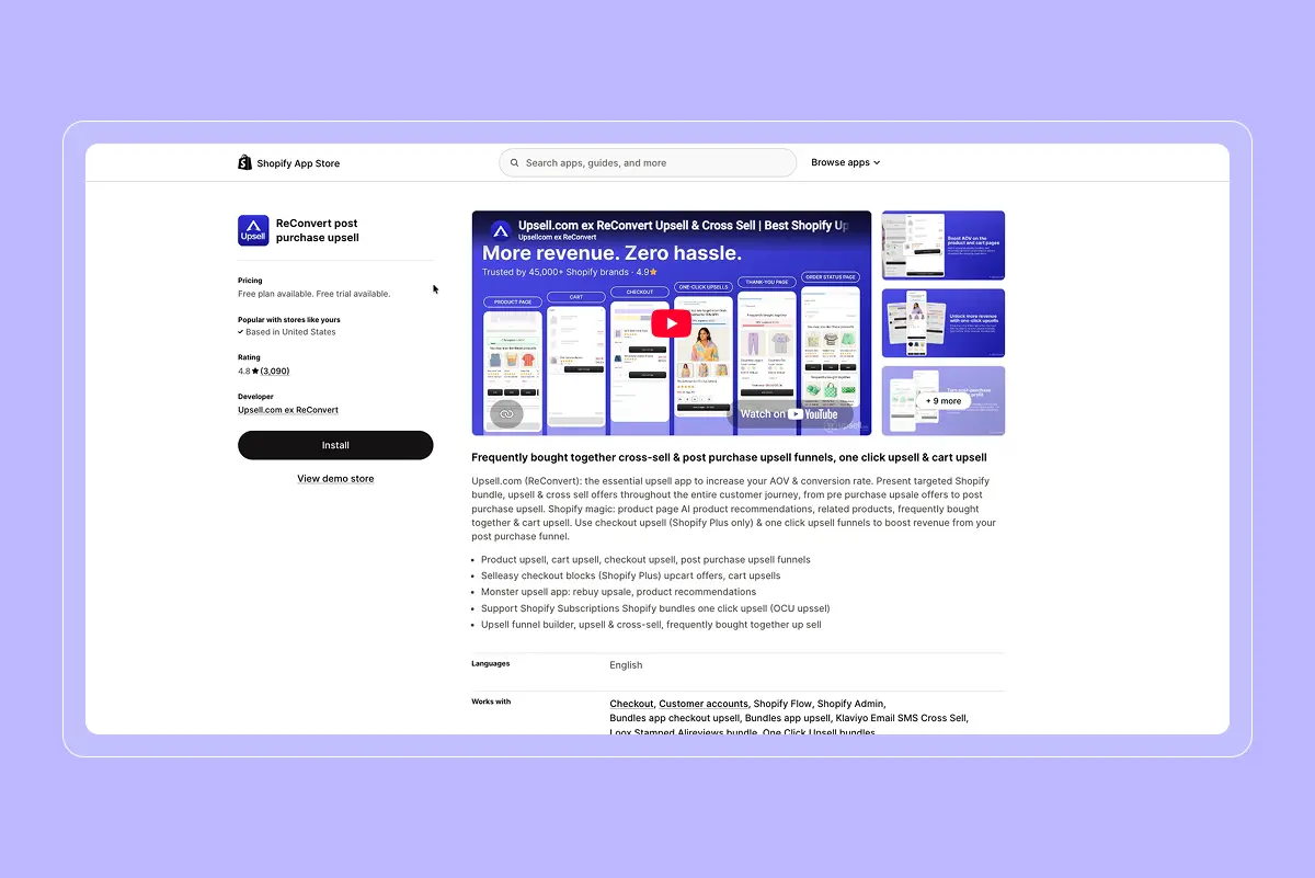 Shopify App Store listing for "ReConvert post purchase upsell" by Upsell.com, showing 4.8 rating, Install button, video preview thumbnail, and a bulleted feature list.