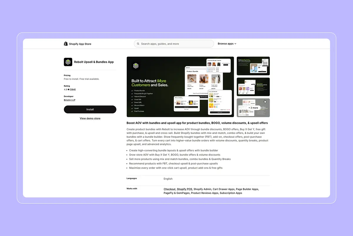 Shopify App Store listing for "Rebolt Upsell & Bundles App" by Bristm LLP, showing 4.8 rating, Install button, feature screenshots, and a bulleted feature list.