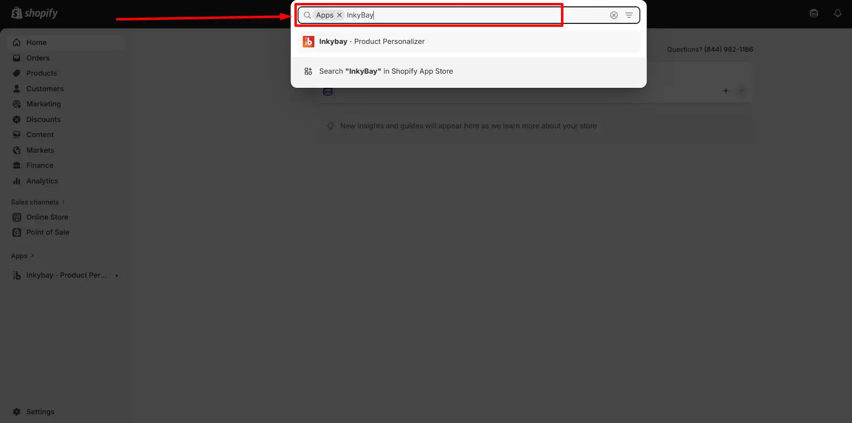 Shopify admin search bar with "Apps" filter and "InkyBay" typed in, showing a dropdown result for the Inkybay - Product Personalizer app and an option to search it in the Shopify App Store