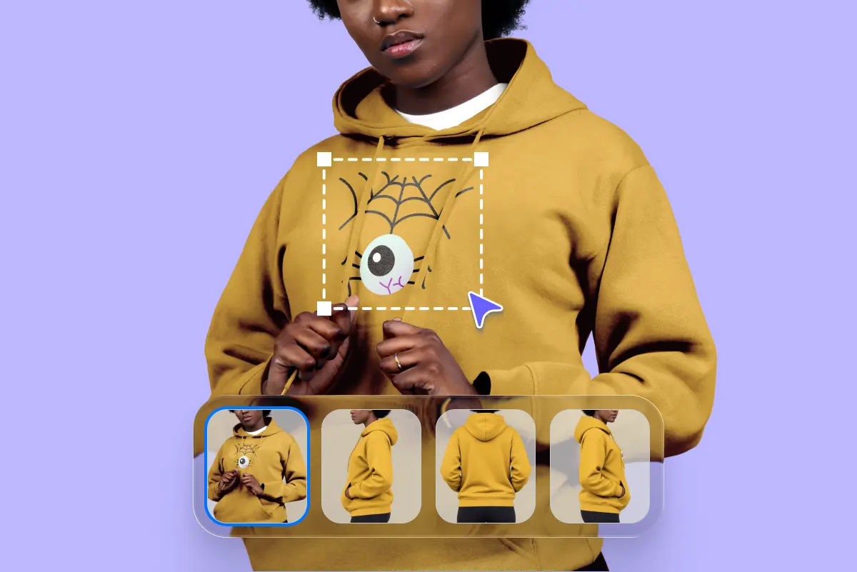 Person in a mustard hoodie with a spider-web-and-eyeball graphic selected via an on-screen editing box; thumbnails below show front, side, and back views of the printed hoodie.