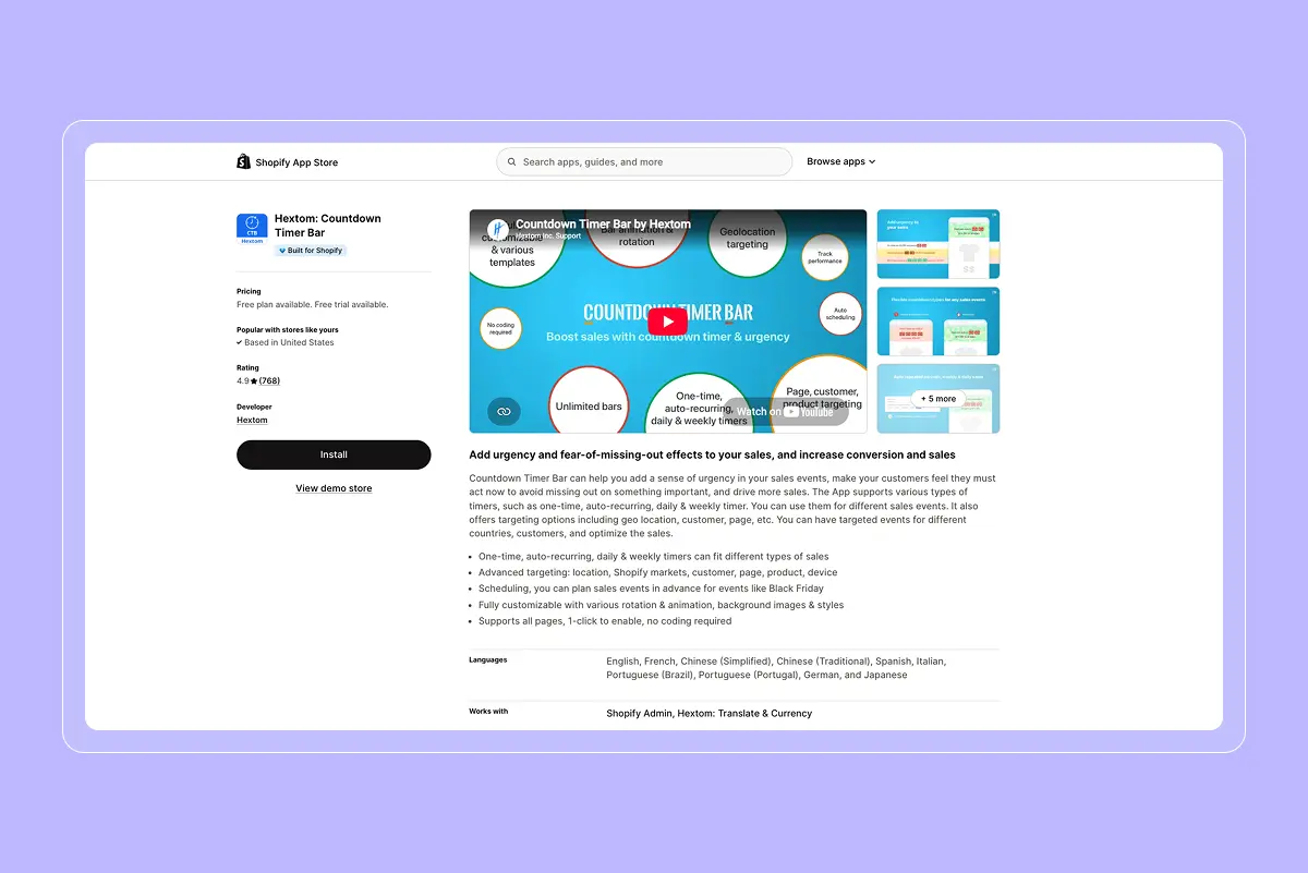 Shopify App Store listing for "Hextom: Countdown Timer Bar," showing 4.9 rating, Install button, feature graphic on urgency marketing, and a bulleted feature list.