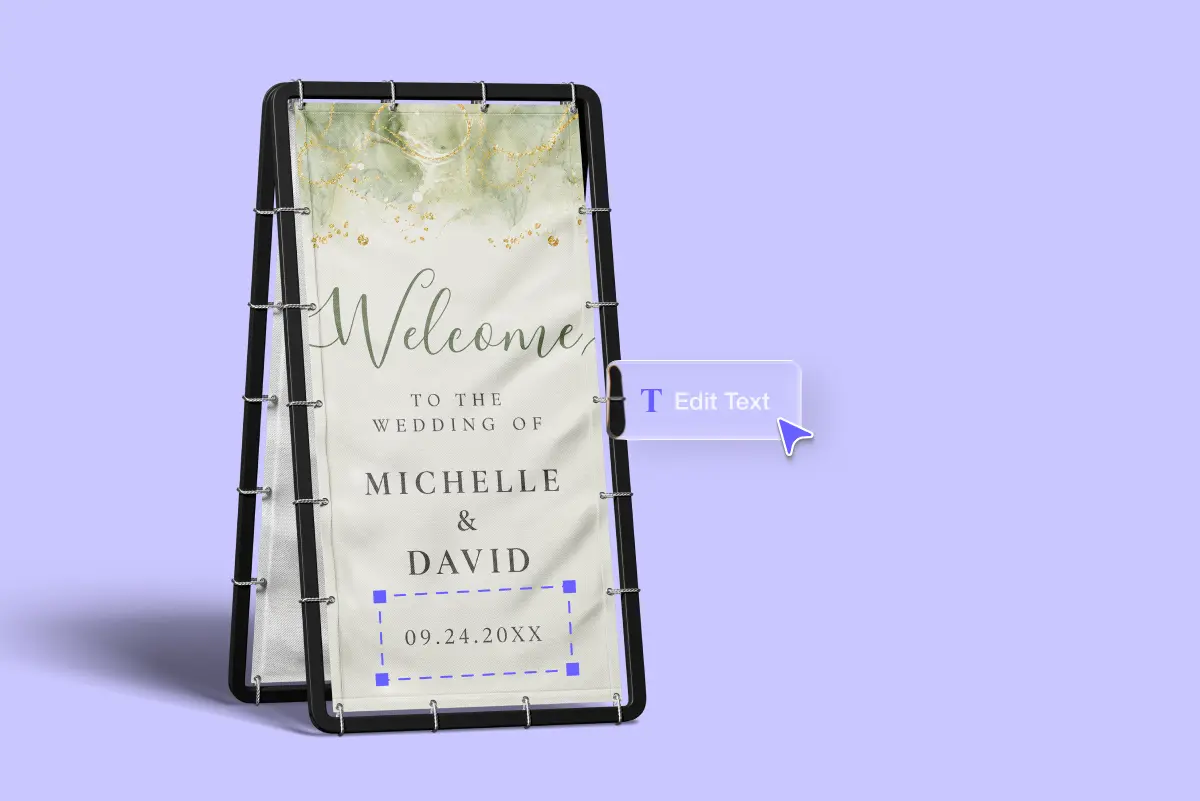 Wedding welcome sign banner on a black A-frame stand, reading "Welcome to the Wedding of Michelle & David" with a sage-and-gold marbled top and an editable date field selected. An "Edit Text" tooltip appears beside the design