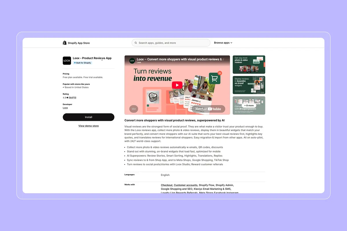 Shopify App Store listing for "Loox - Product Reviews App," showing 4.9 rating, Install button, "Turn reviews into revenue" banner, and a bulleted feature list.