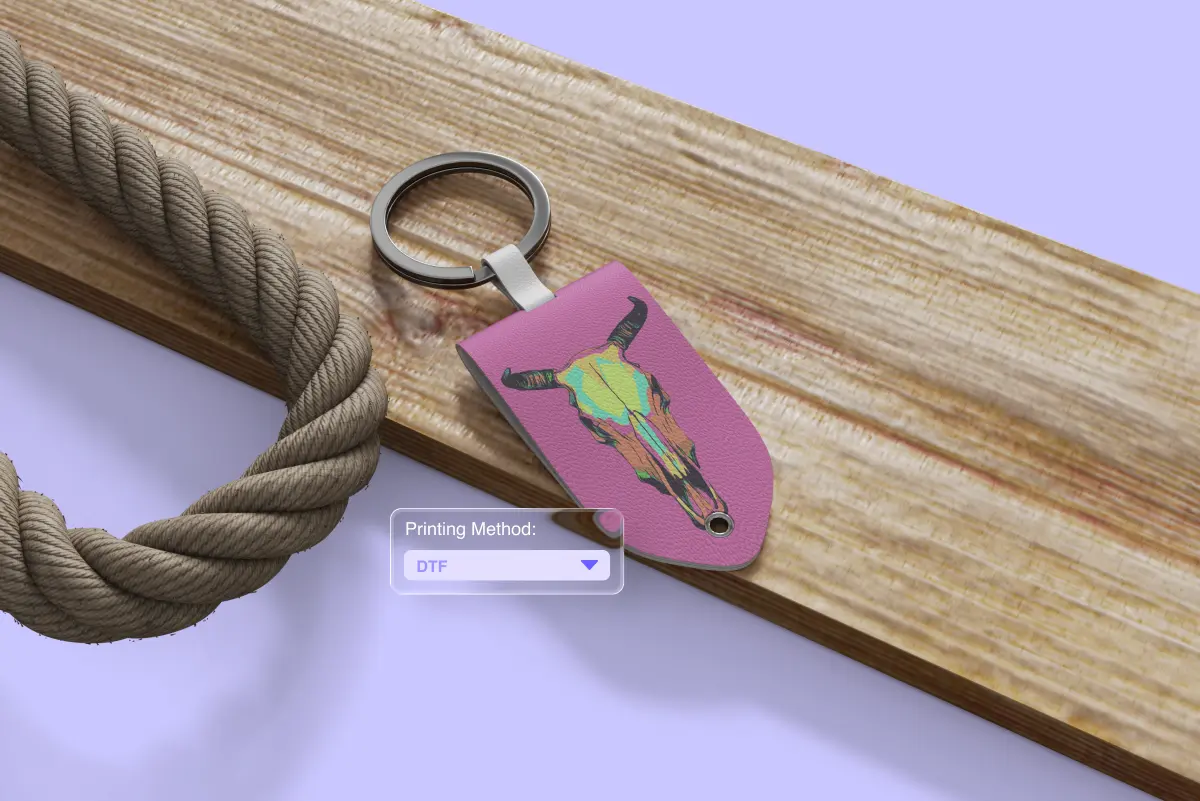 Pink leather keychain printed with a colorful bull skull design, hanging on a wooden plank next to coiled rope. A "Printing Method: DTF" dropdown label appears near the keychain