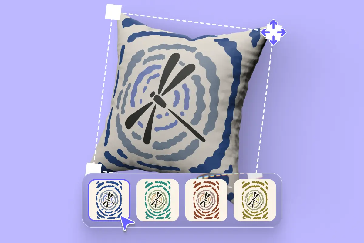 Throw pillow with a dragonfly-and-concentric-rings print in blue tones, shown in an editable resize frame. Four color variant thumbnails (blue, teal, red, olive) sit below for switching the print's colorway