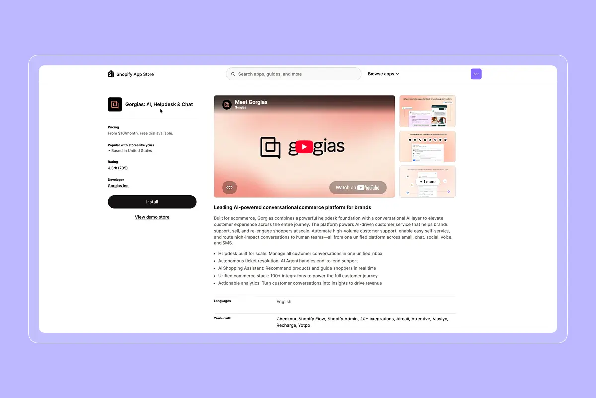 Shopify App Store listing for "Gorgias: AI, Helpdesk & Chat," showing 4.3 rating, Install button, "Meet Gorgias" video banner, and a bulleted feature list.