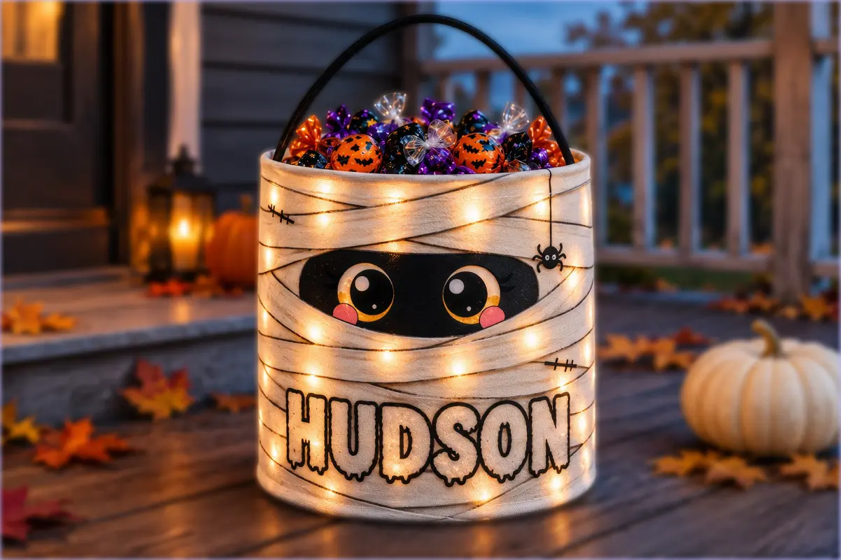Light-up mummy-themed Halloween treat basket personalized with the name "Hudson," filled with wrapped candy, on a porch with pumpkins and fall leaves