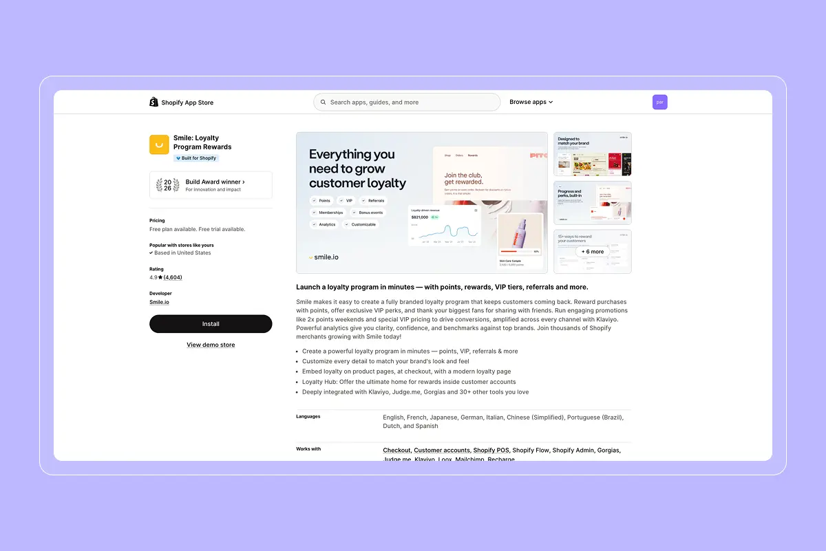 Shopify App Store listing for "Smile: Loyalty Program Rewards," showing 4.9 rating, 2026 Build Award badge, Install button, and a bulleted feature list.
