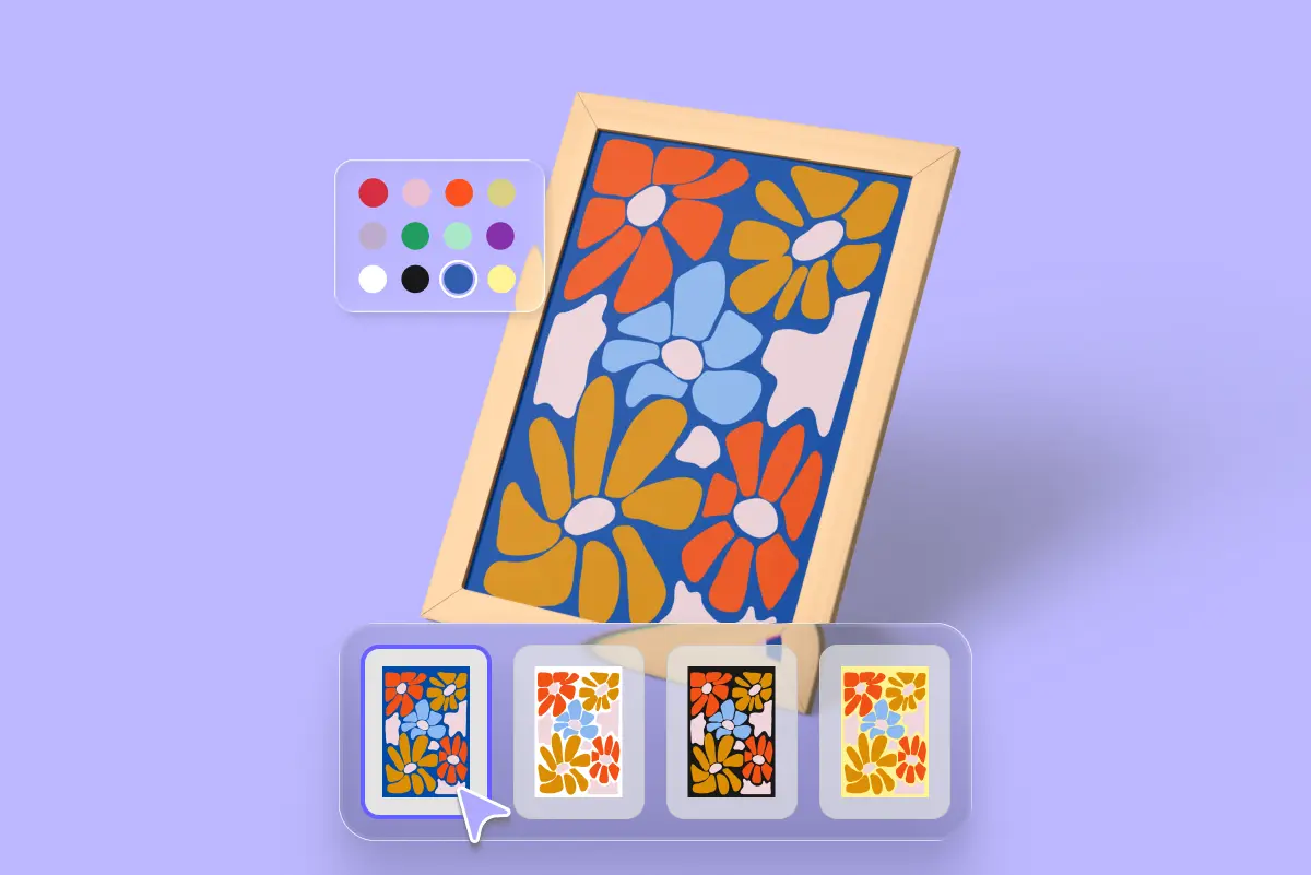 Framed wall art with a bold retro floral pattern in blue, orange, and mustard, shown angled on a stand. A color palette swatch sits above, and four background color variants (blue, white, black, yellow) appear as thumbnails below