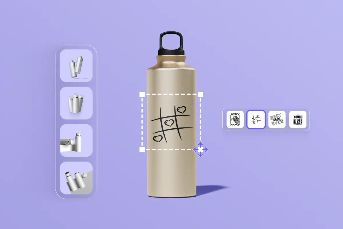 Metal water bottle mockup with a hand-drawn tic-tac-toe-and-hearts design in an editable selection box; side panels show bottle-cap style options and alternate sticker designs to choose from