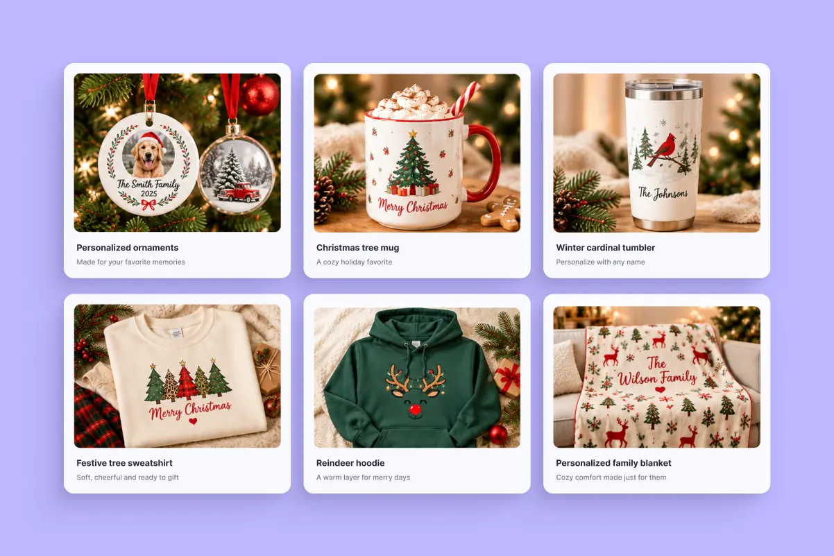 Six-item grid of personalized Christmas products: ornaments, Christmas tree mug, winter cardinal tumbler, festive tree sweatshirt, reindeer hoodie, and personalized family blanket.