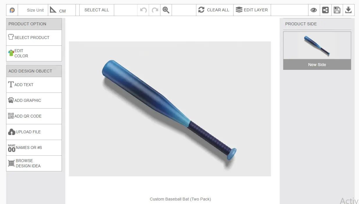 Inkybay product design editor showing a blue baseball bat preview, with a left sidebar of tools (Select Product, Edit Color, Add Text, Add Graphic, Upload File) and a "New Side" panel.