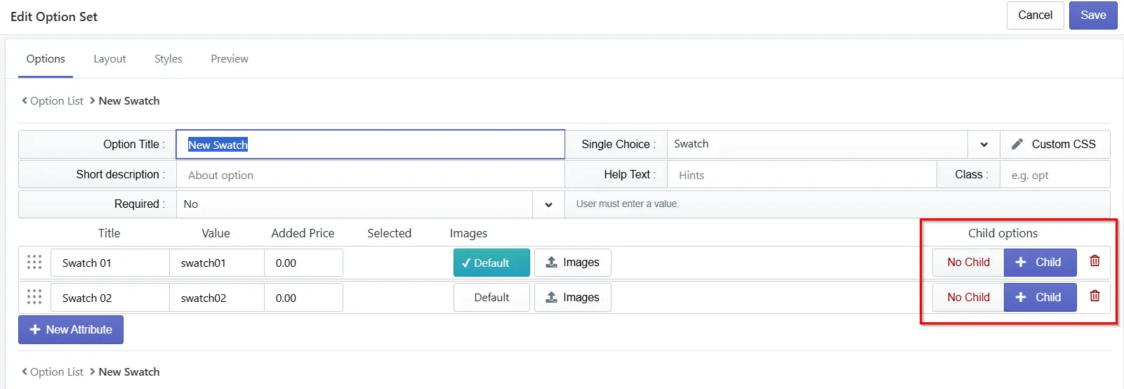 Inkybay "Edit Option Set" Single Choice Swatch configuration with two swatch values and highlighted "Child options" buttons (No Child/Child) for each row.