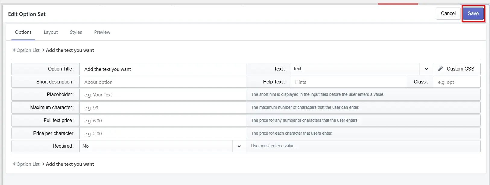 Inkybay "Edit Option Set" Text option configuration form with fields for Option Title, Short description, Placeholder, Maximum character, pricing, and Required, with the Save button highlighted.