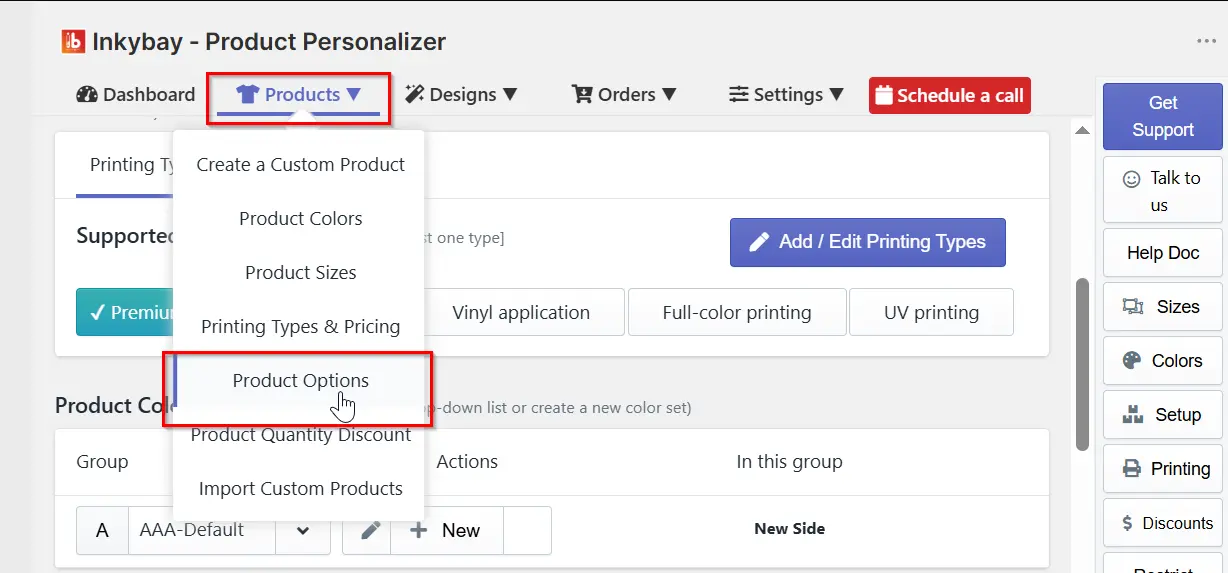 Inkybay "Products" dropdown menu open with "Product Options" highlighted, overlapping a Printing Types panel and a color group table in the background.
