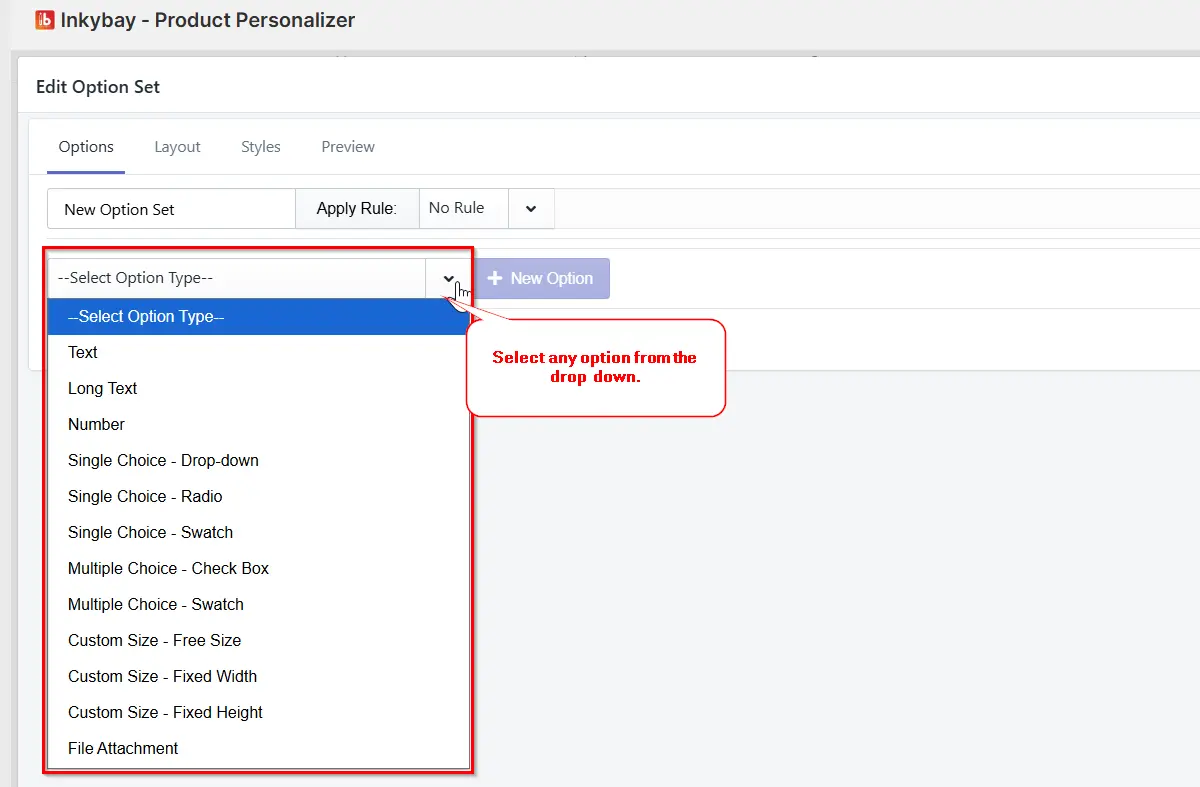 Inkybay "Edit Option Set" page with the "Select Option Type" dropdown open, listing types like Text, Number, Single Choice, Multiple Choice, Custom Size, and File Attachment.