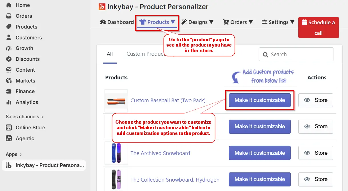 InkyBay Product Personalizer showing Shopify products and customization options