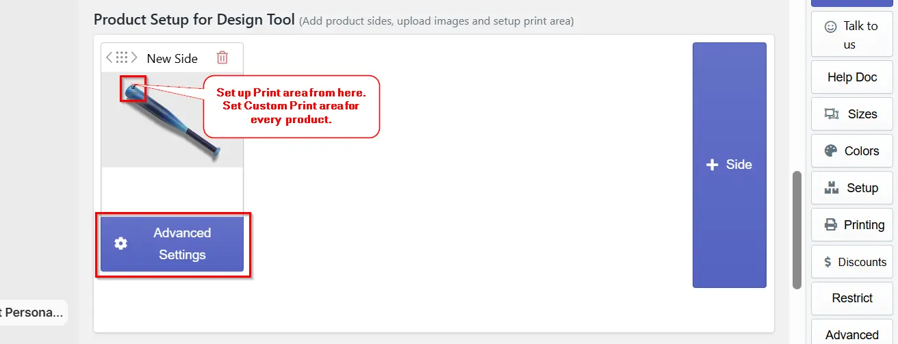 Inkybay "Product Setup for Design Tool" page showing a baseball bat side image with a print area icon callout and the highlighted "Advanced Settings" button, plus a "+ Side" panel.