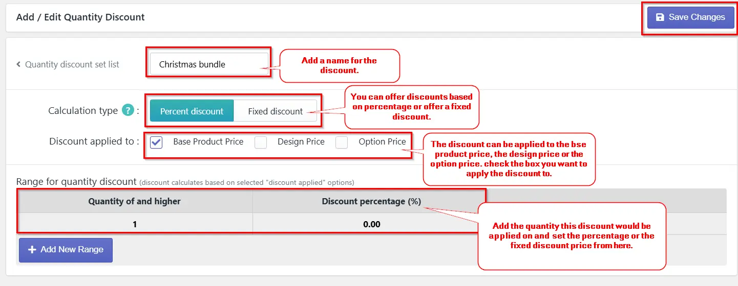 Inkybay "Add/Edit Quantity Discount" page with annotated tooltips explaining discount name, calculation type, applied price fields, and quantity range settings.