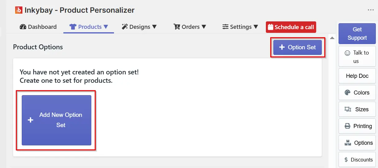 Inkybay "Product Options" page empty state with "+ Option Set" button and "Add New Option Set" box both highlighted, prompting the user to create their first option set.