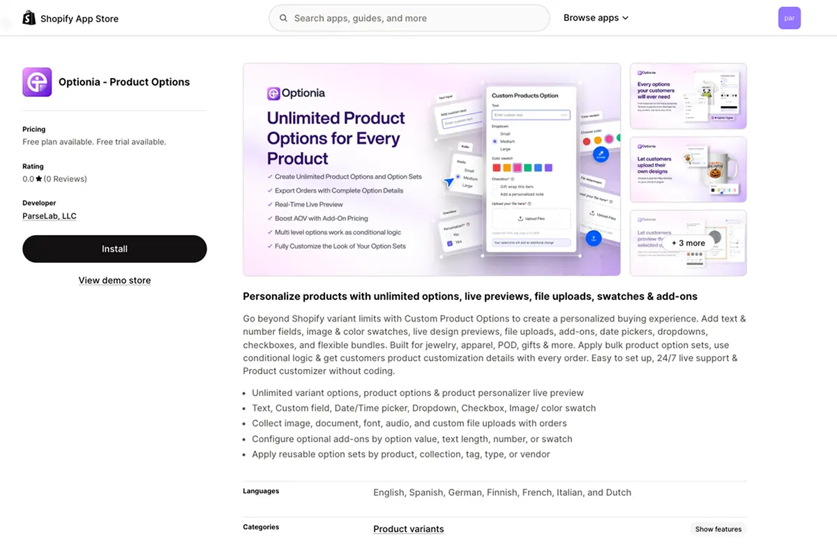 optionia product options app on shopify app store